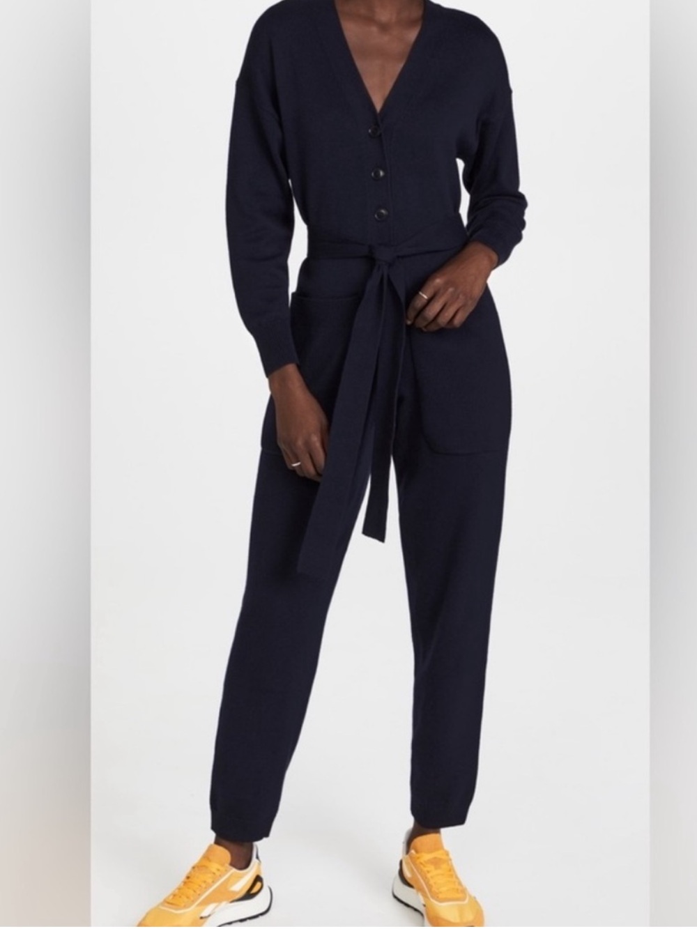 Alex mill V-Neck Tie-Waist knit Jumpsuit in black